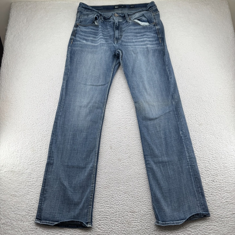 BKE Jake Jeans Mens 36x34 Blue Medium Wash Stretch Denim Straight Leg Whiskered